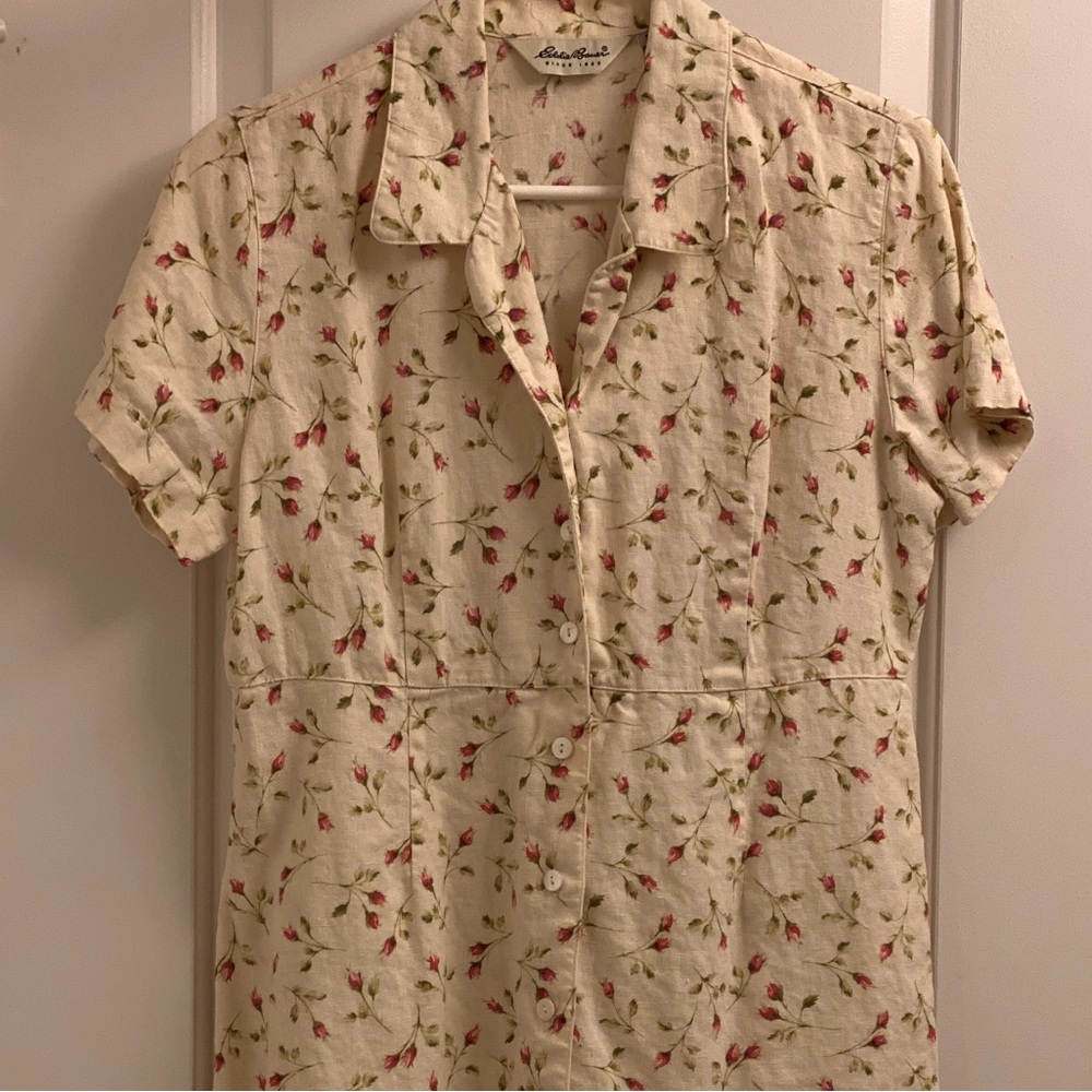 Eddie Bauer floral linen shirt dress - MP. Colors are peachy, rose, green